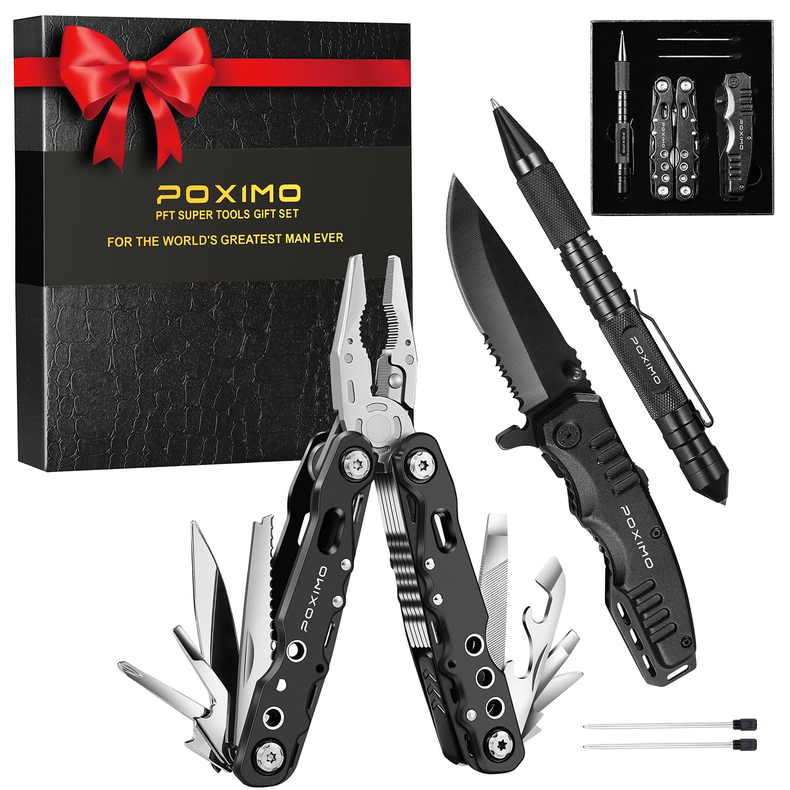 Multitool Gift Set for Men Dad Him, 3-in-1 EDC Survival Kit with 14 in1 Black