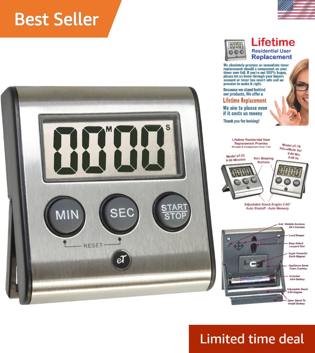 Elegant Digital Kitchen Timer Stainless Steel - Loud Alarm - Model eT-23