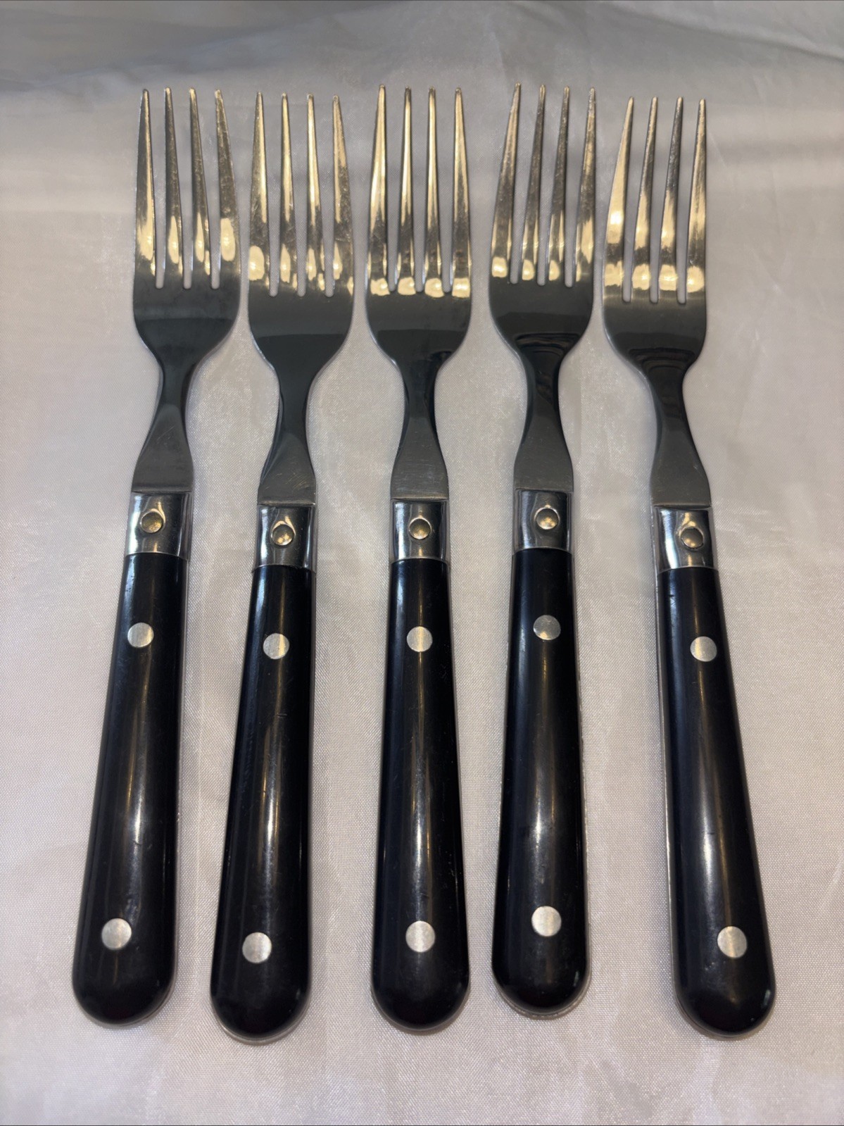 Vintage 5 Dinner Forks Mardi Gras Black Riveted Handle Stainless Steel Flatware