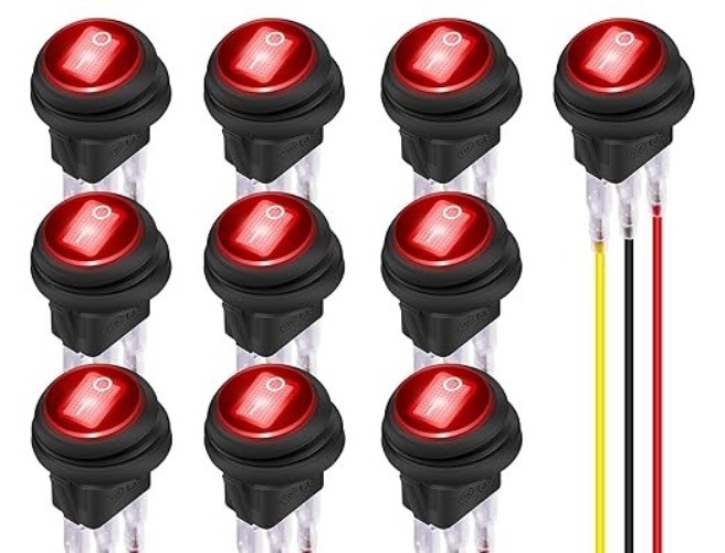 12V Round Rocker Switch Waterproof Red LED Round Toggle Switch Lighted Red-10PCS