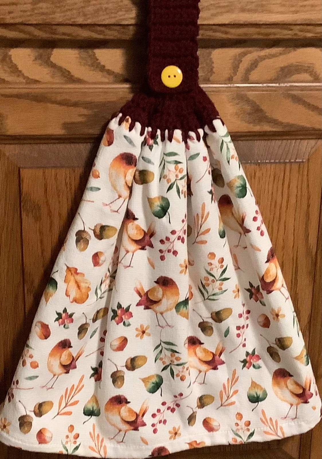 Double hanging kitchen towel birds acorn  leaves crocheted burgundy top